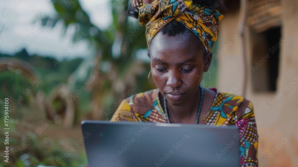 Poster a woman sitting in front of a laptop computer. suitable for technology and work concepts