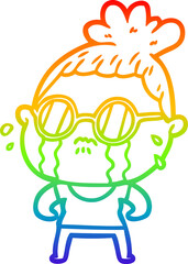 rainbow gradient line drawing of a cartoon crying woman wearing sunglasses