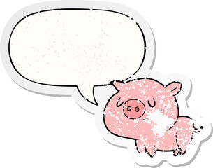 cute cartoon pig with speech bubble distressed distressed old sticker