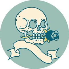 tattoo style icon with banner of a skull and rose