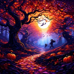 Halloween horror scene depicted in a mosaic illustration, tesserae forming wailing ghosts and gnarled trees, frightening shadows cast