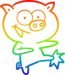 rainbow gradient line drawing of a cheerful dancing pig cartoon