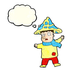 cartoon magical mushroom man with thought bubble