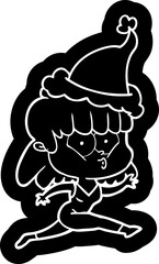 quirky cartoon icon of a woman running wearing santa hat