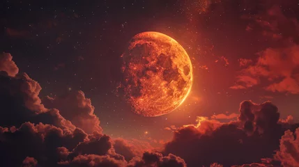 Muurstickers Blood red moon in the night time sky with clouds concept © standret