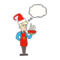 freehand drawn thought bubble cartoon barista serving coffee at christmas