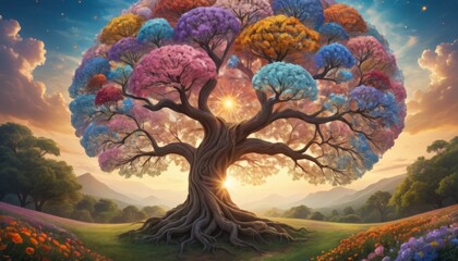 A whimsical tree with multicolored leaves shaped like brain lobes, set in a magical landscape, symbolizing imagination and growth - obrazy, fototapety, plakaty