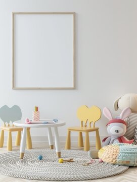 Bright children room with a simple blank wall and one 2x3 empty picture frame with white background