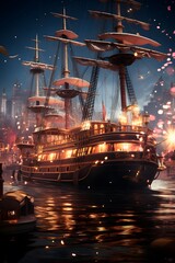 Old pirate ship on the background of the night city. 3d illustration