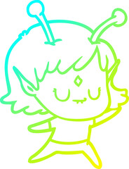 cold gradient line drawing of a cartoon alien girl