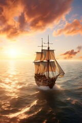 Small sailing ship in the open sea at sunset. Majestic Dawn