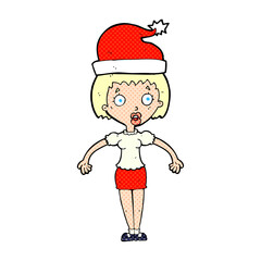 cartoon woman wearing christmas hat shrugging shoulders