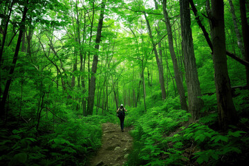 A photo of a person hiking through a lush green forest