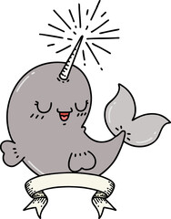 scroll banner with tattoo style happy narwhal