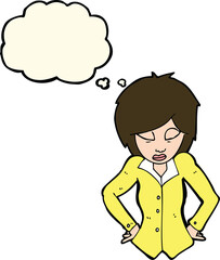cartoon woman with hands on hips with thought bubble