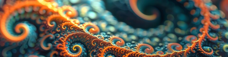 Big data analysis abstract background, featuring a fractal design that mirrors the complexity and infinite patterns of data, with spirals and recursive shapes in a mesmerizing display - obrazy, fototapety, plakaty