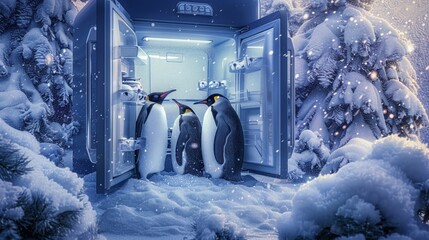 A refrigerator that opens to reveal a snowy, winter wonderland inside, with penguins Fantasy, detailed, and vibrant