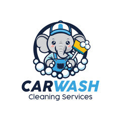 Car Wash Logo Design, Cleaning Services, Cute Elephant washing the car