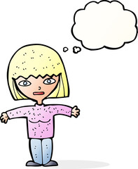 cartoon woman with open arms with thought bubble