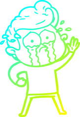 cold gradient line drawing of a cartoon crying man waving