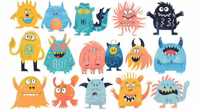 Collection of many cute and playful cartoon monsters isolated on white background