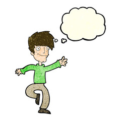 cartoon happy man dancing with thought bubble