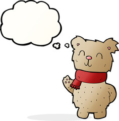 cartoon waving teddy bear with thought bubble
