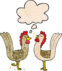 cartoon chickens with thought bubble in grunge texture style