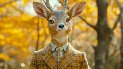 Dapper deer in a tweed suit, accessorized with a pocket square, against a woodland glen backdrop, lit with dappled sunlight, emanating rustic elegance and charm - obrazy, fototapety, plakaty