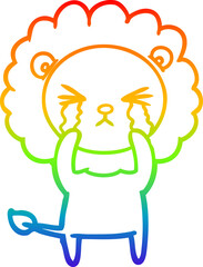 rainbow gradient line drawing of a cartoon crying lion