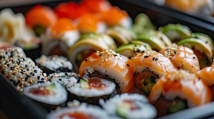 Foto op Plexiglas Assorted Fresh Sushi Rolls with Avocado, Salmon, and Tuna Garnished with Roe on a Rustic Tray © AounMuhammad