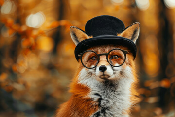 Naklejka premium Dapper fox gentleman wearing vintage glasses and bowler hat on autumn forest outdoor background