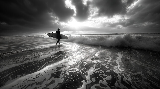 Fineart of A surfer in the distance walking out of the sea with a surfboard, ocean waves, black and white photography