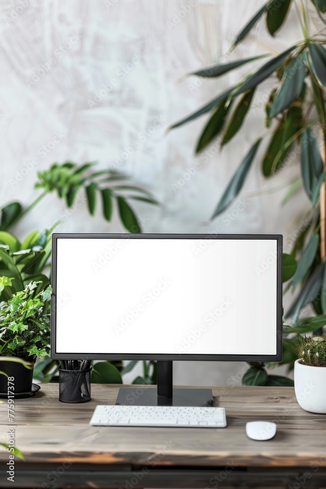 Aufkleber A computer monitor placed on a wooden desk. Suitable for technology and workspace concepts