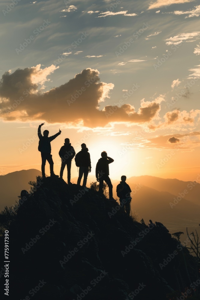 Poster a group of people standing on top of a mountain. ideal for travel and adventure concepts
