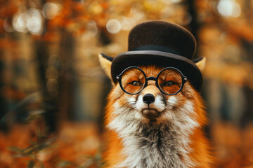 Naklejka premium Dapper fox gentleman wearing vintage glasses and bowler hat on autumn forest outdoor background