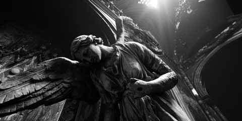 A striking black and white photo of an angel statue. Perfect for various design projects