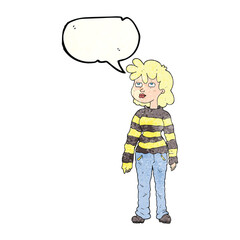freehand speech bubble textured cartoon woman in casual clothes