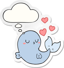 cute cartoon whale in love with thought bubble as a printed sticker