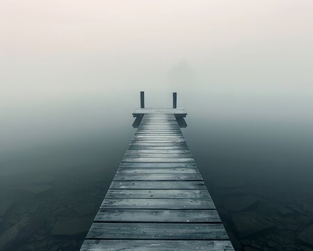 A small, rustic pier jutting into a fogcovered lake at dawn, the calm water mirroring the soft hues of the morning sky ,soft shadowns, no contrast, clean sharp,clean sharp focus, digital photography