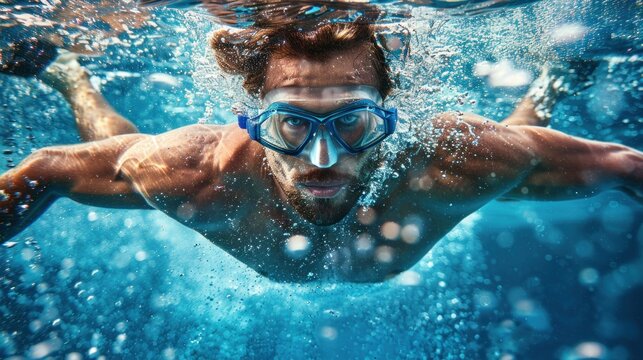 professional swimmer diving underwater on blue background .AI generated image