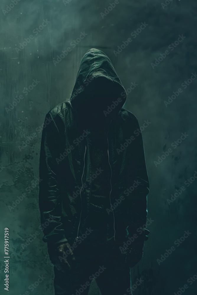 Poster A mysterious man wearing a hoodie standing in a foggy environment. Suitable for various suspenseful or mysterious themes