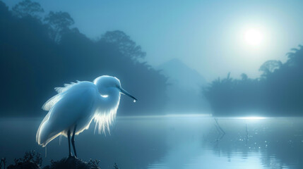 Elegant egret in a satin gown, accessorized with pearl earrings, against a tranquil lake backdrop, lit with moonlit glow, emanating timeless elegance and grace