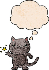 cartoon cat scratching with thought bubble in grunge texture style