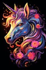 A regal unicorn with a shimmering horn adorned with colorful flowers on its head. The unicorn stands out with its vibrant and whimsical appearance