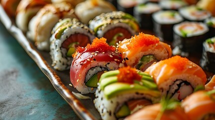 Variety of Freshly Prepared Sushi Rolls Featuring Avocado, Salmon, and Tuna, Adorned with Roe, Presented on a Rustic Tray