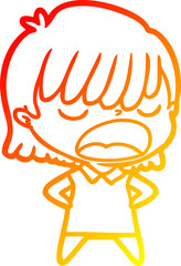 warm gradient line drawing of a cartoon woman talking loudly