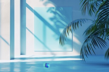 Room with palm leaf background, in the style of light sky-blue and dark blue, minimalist stage design, commission for, minimalist sets