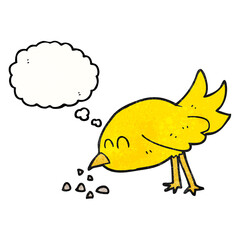 freehand drawn thought bubble textured cartoon bird pecking seeds