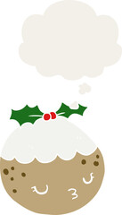 cute cartoon christmas pudding with thought bubble in retro style